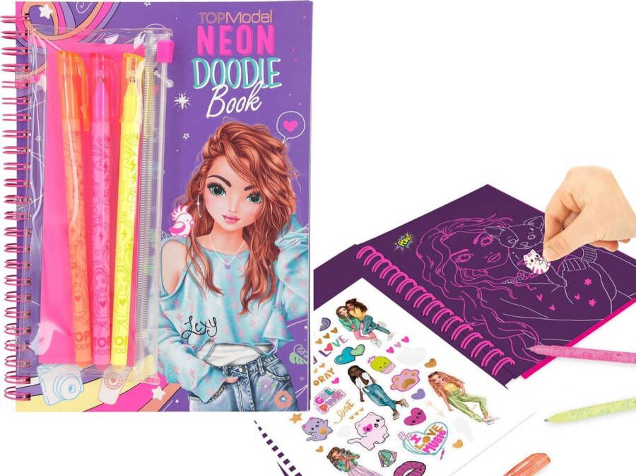 TOPModel mode kleurboek + gelpennen neon doodle kleuren fashion book met 3 gelstiften