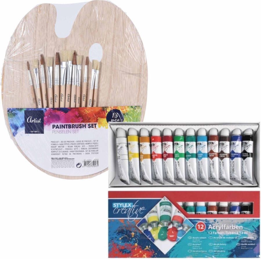 Toppoint Hobby knutsel schilderen set van 12 kleuren acryl verf met houten palet en 12 verfkwasten