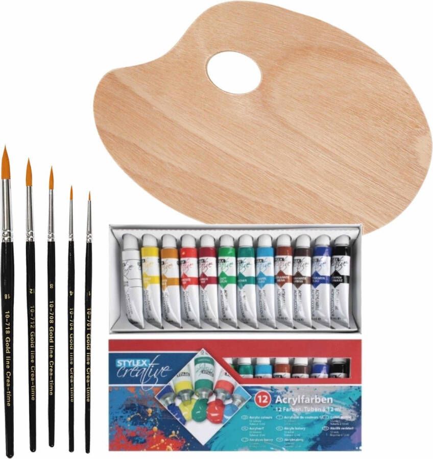 Toppoint Hobby knutsel schilderen set van 12 kleuren acryl verf met houten palet en 5 verfkwasten
