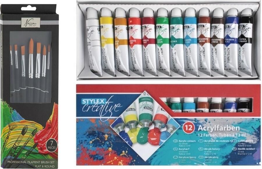 Toppoint Acrylverf schilderset 12x gekleurde tubes van 12 ml met 7x schilderpenselen
