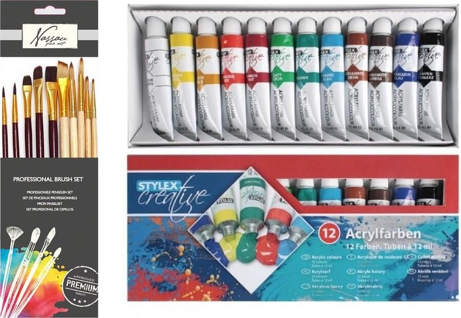 TOPWRITE Acrylverf schilderset 12x gekleurde tubes van 12 ml met 10x schilderpenselen