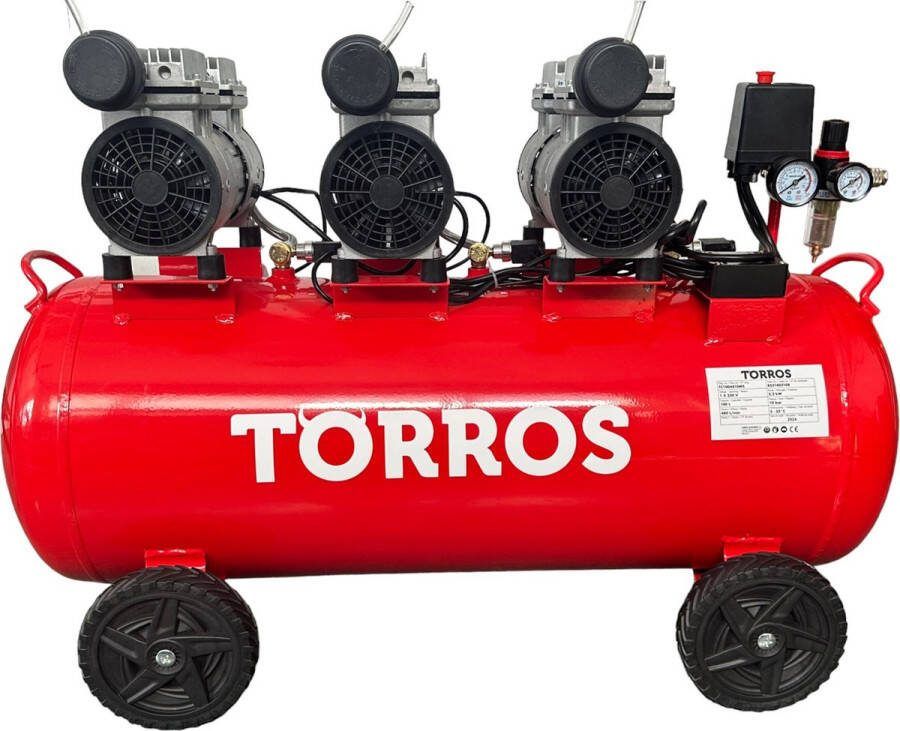 Torros Compressor geluidsarm olievrij 100 L 2 kW 2 99 Pk 480 L min 10 bar 230V TC1004810MS