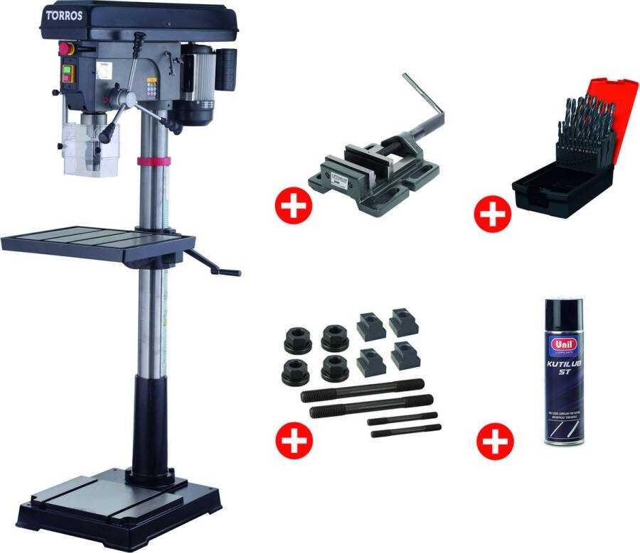 Torros Professionele kolomboormachine boren tot ø 32 mm MK4 1 5 kW 400V + boorklem set spanbouten set boren 1-13 mm spuitbus DF34T PACK