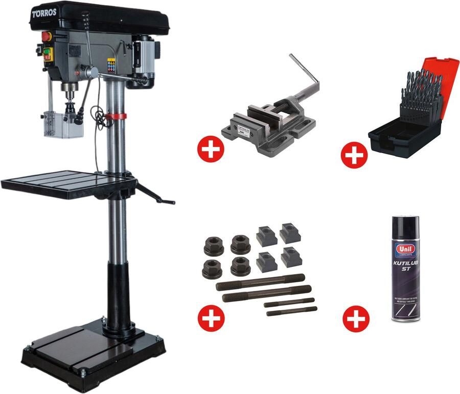 Torros Professionele kolomboormachine boren tot ø 30 mm MK3 1 5 kW 400V + boorklem set spanbouten set boren 1-13 mm spuitbus DF30T PACK