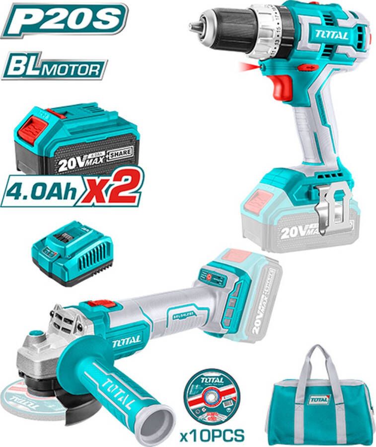 Total Gereedschapscombiset Accu Schroef Klopboormachine & haakse slijper Lithium ion 4 0ah 20V Inclusief 2x accu 1x lader & opbergtas