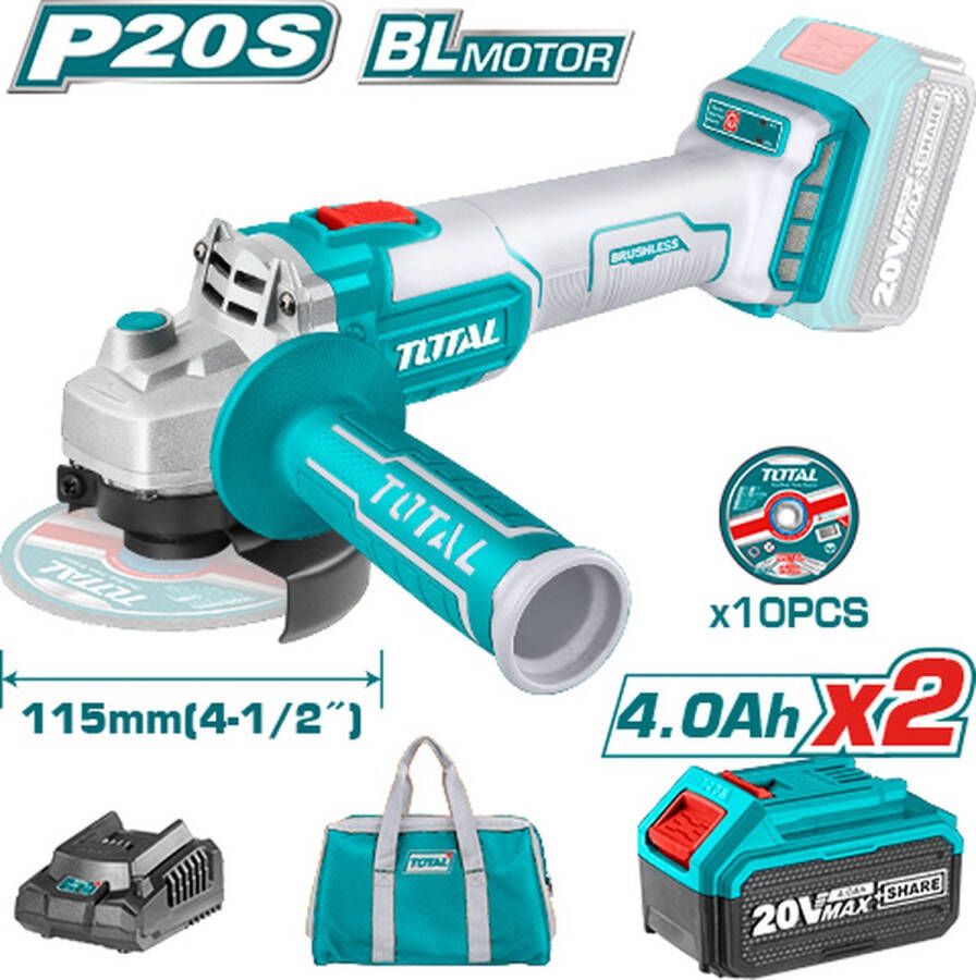 Total Haakse slijper 115mm Lithium ion 4 0ah 20V 8500rpm Inclusief 2x accu 1x lader & opbergtas