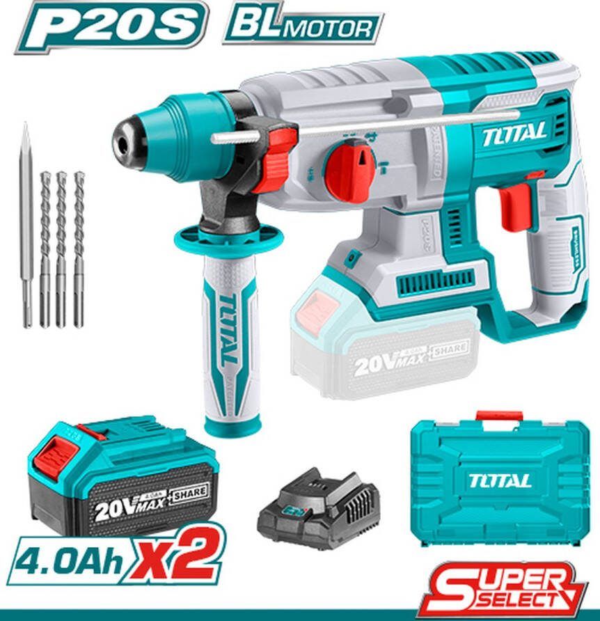 Total Koolborstelloze Boorhamer Lithium ion 4 0ah 20V 0-1100rpm 0-5000bpm 2 0J Inclusief 2x accu 1x lader & opbergkoffer