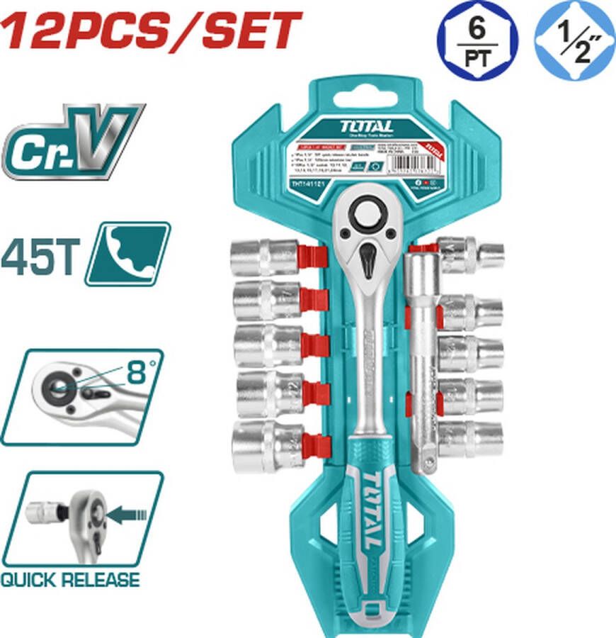 Total Ratelset 1 2'' 11 delig 10-15 17 19 21 & 24 mm doppen Verlengstuk Ratel 1 2