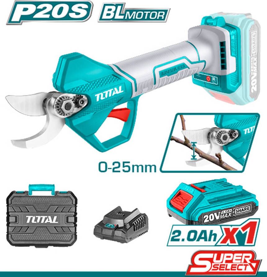 Total Snoeischaar Takkenschaar Lithium ion 2 0ah 20V 0-25mm snijdiameter Inclusief 1x accu 1x lader 1x slijpsteen & opbergkoffer