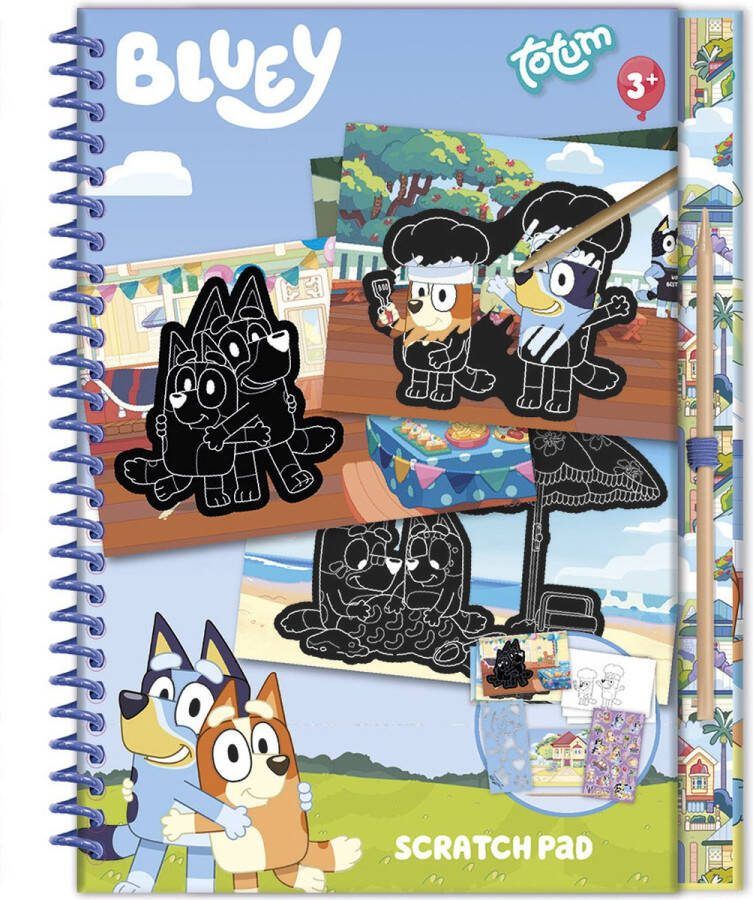 Totum Bluey doeboek met luxe kraskaarten kleurplaten en stickers 20-delig vakantieboek tekenen en kleuren kraskunst scratch art 21 x 23 cm
