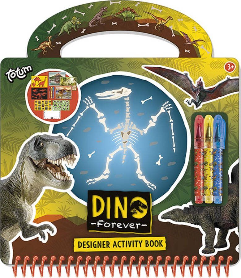 Totum Dino Forever designer doeboek vakantieboek tekenen schrijven en stickeren hardcover boekje met dinosaurus thema 30 delig incl. stickers sjablonen en mini gelpennen