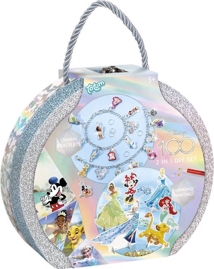 Totum Disney 100 knutselkoffertje 2 in 1 armbandjes maken en diamond painting Disney prinsessen en classics knutselen glitter kiffertje- jublieumset limited edition