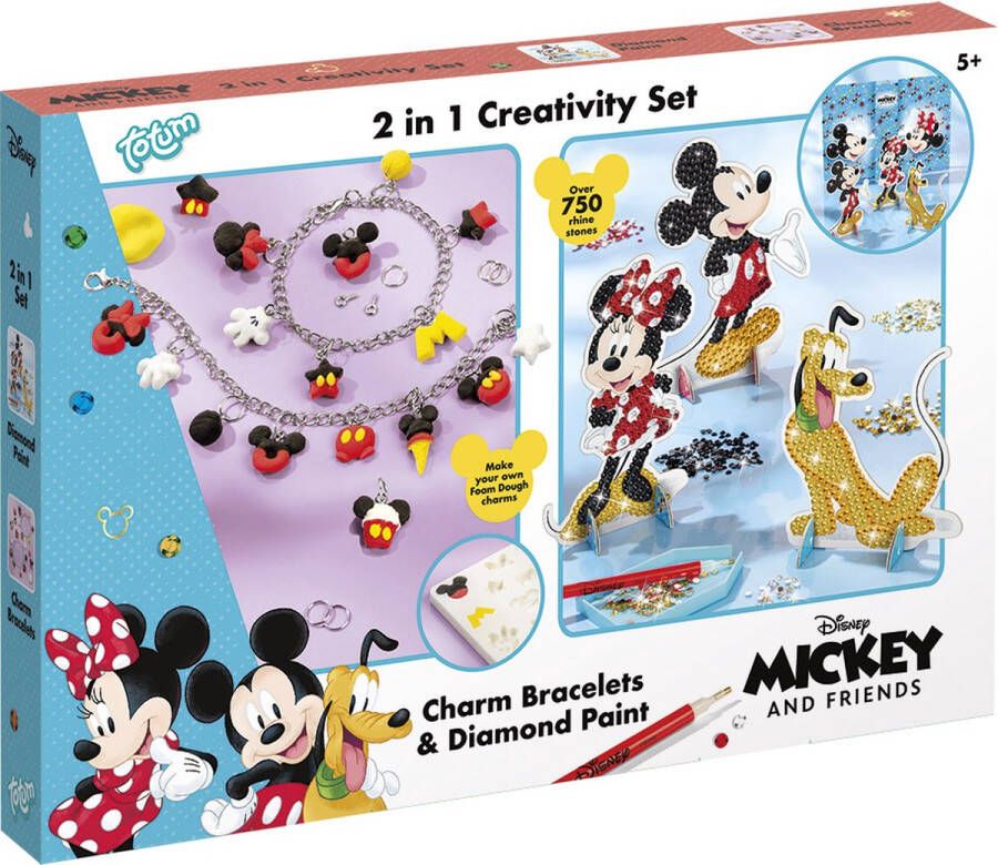 Totum Disney classics Mickey & Minnie 2 in 1 knutselset armbandjes en figuren versieren met strass steentjes creatief speelgoed