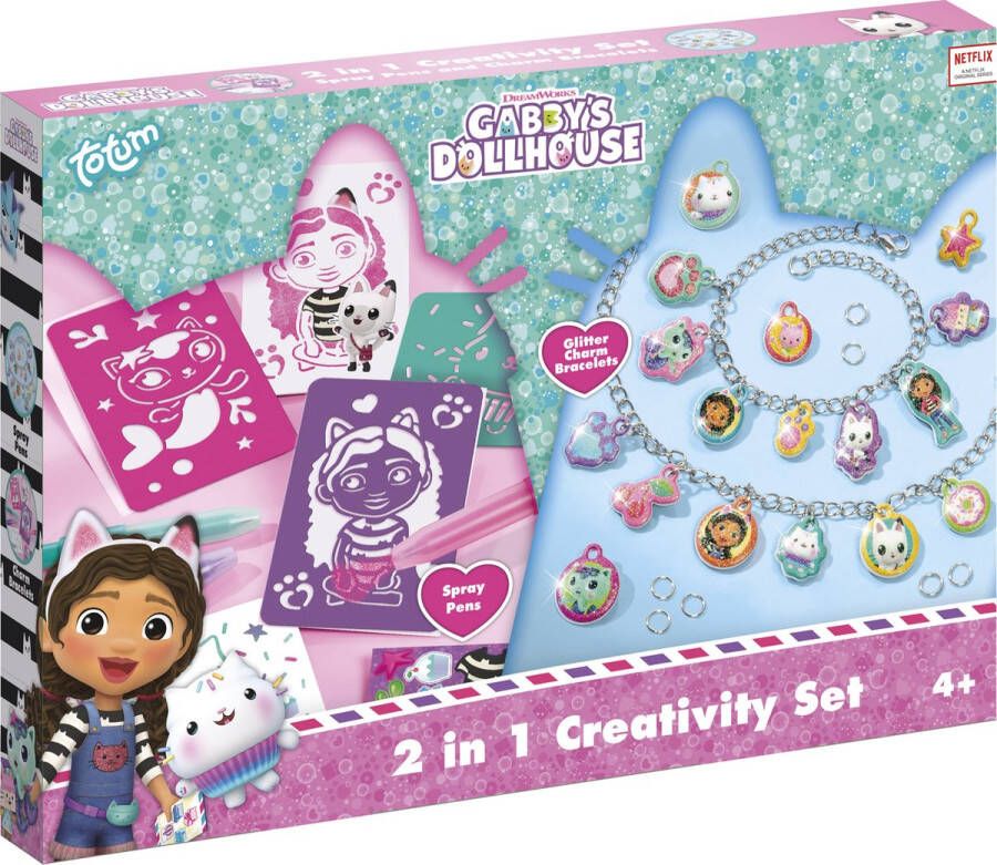 Totum Gabby s Poppenhuis 2-in-1 set glitter bedelarmbandjes maken blaaspennen en sjablonen Gabby s Dollhouse creatief speelgoed