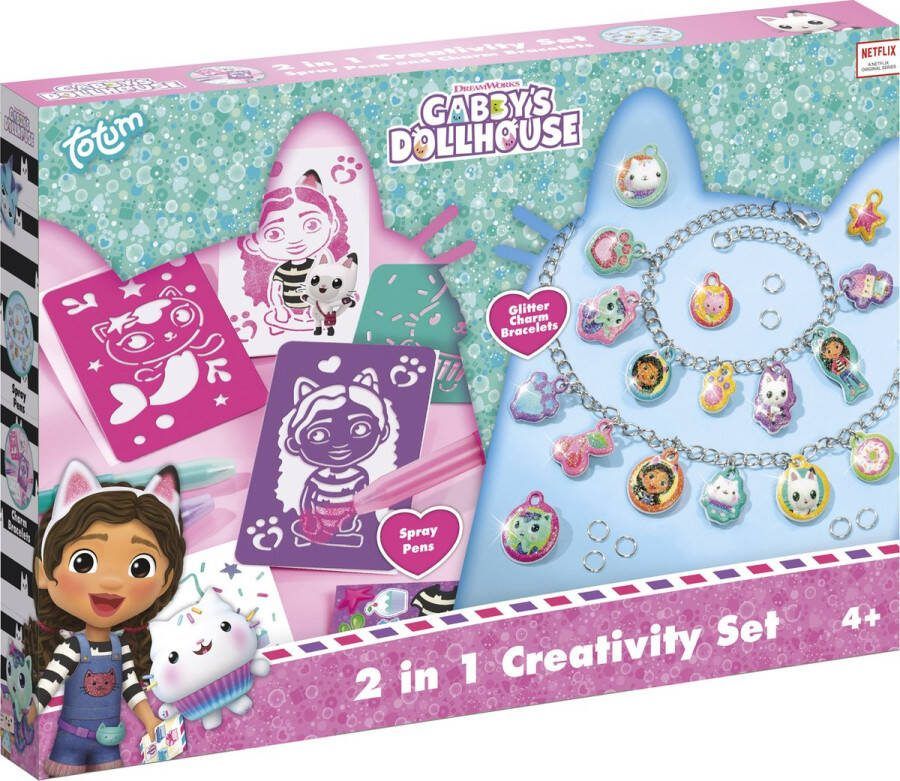 Totum Gabby s Poppenhuis knutselset 2 in 1 glitter bedelarmbandjes maken blaaspennen en sjablonen Gabby s Dollhouse creatief speelgoed