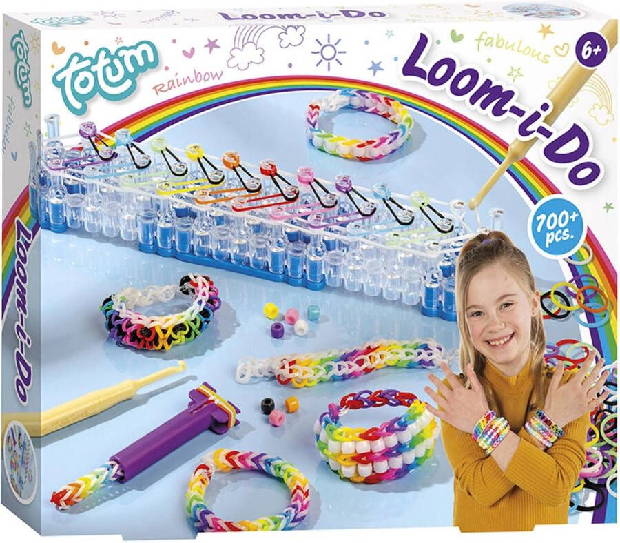 Totum Loom I do loom armbandjes maken knutselpakket incl. tool en loom elastiekjes cadeautip creatief knutselset regenboog design