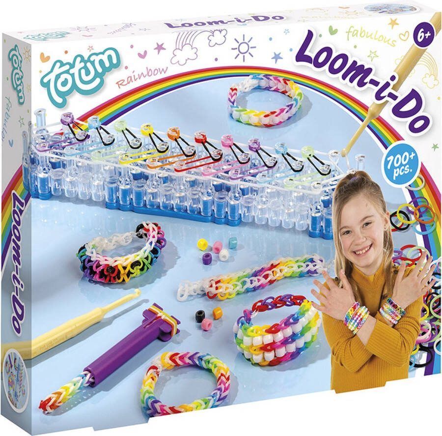 Totum Loom I do loom armbandjes maken knutselpakket incl. tool en loom elastiekjes cadeautip creatief knutselset regenboog design