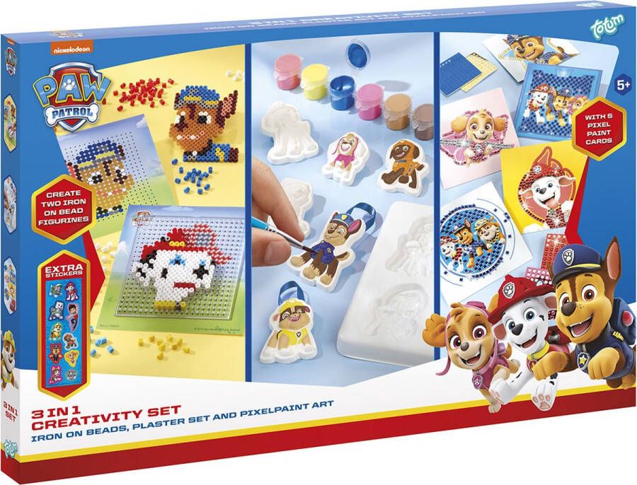Totum PAW Patrol speelgoed XL knutselset 3 in 1 set Strijkkralen Gipsen en Pixelen creatief educatief