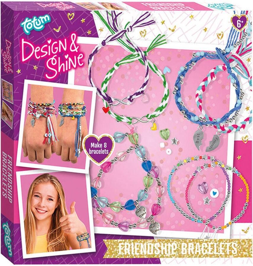 Totum 8 trendy vriendschaps armbandjes maken Design & Shine friendship bracelets voor besties met metalen hartbedels sieraden pakket