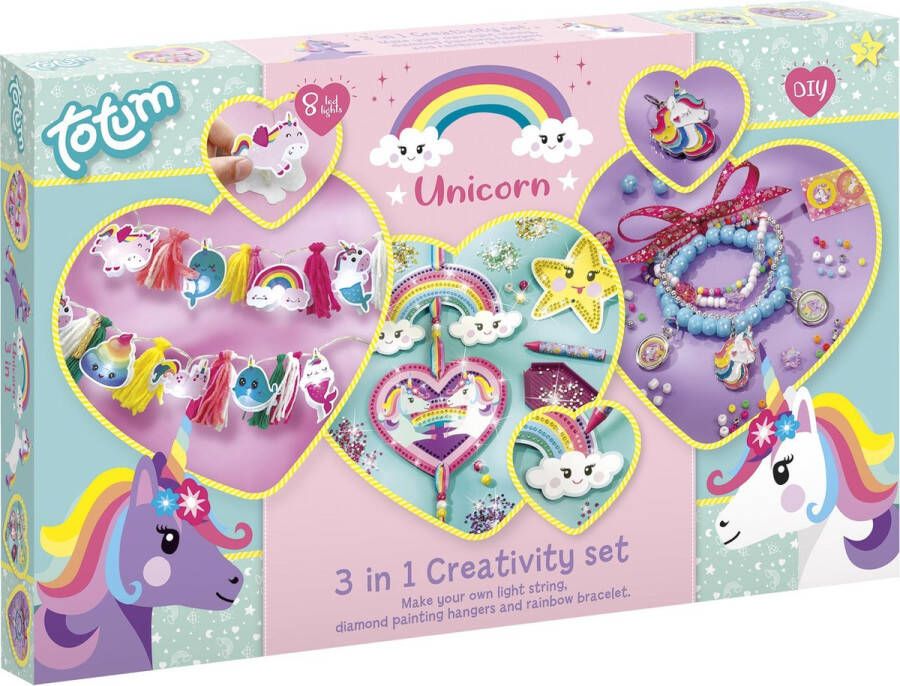 Totum Unicorn 3 in 1 creativity set XL complete knutselen 3 activiteiten met eenhoorn en regenboog thema diamond painting armbandje en lichtslinger maken Sinterklaas cadeau tip