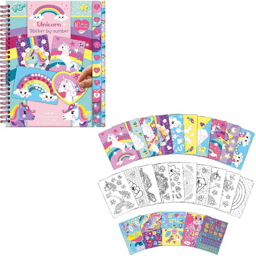 Totum Unicorn A5 stickerboekje stickeren op nummer vakantieboek doeboek sticker puzzels en kleurplaten