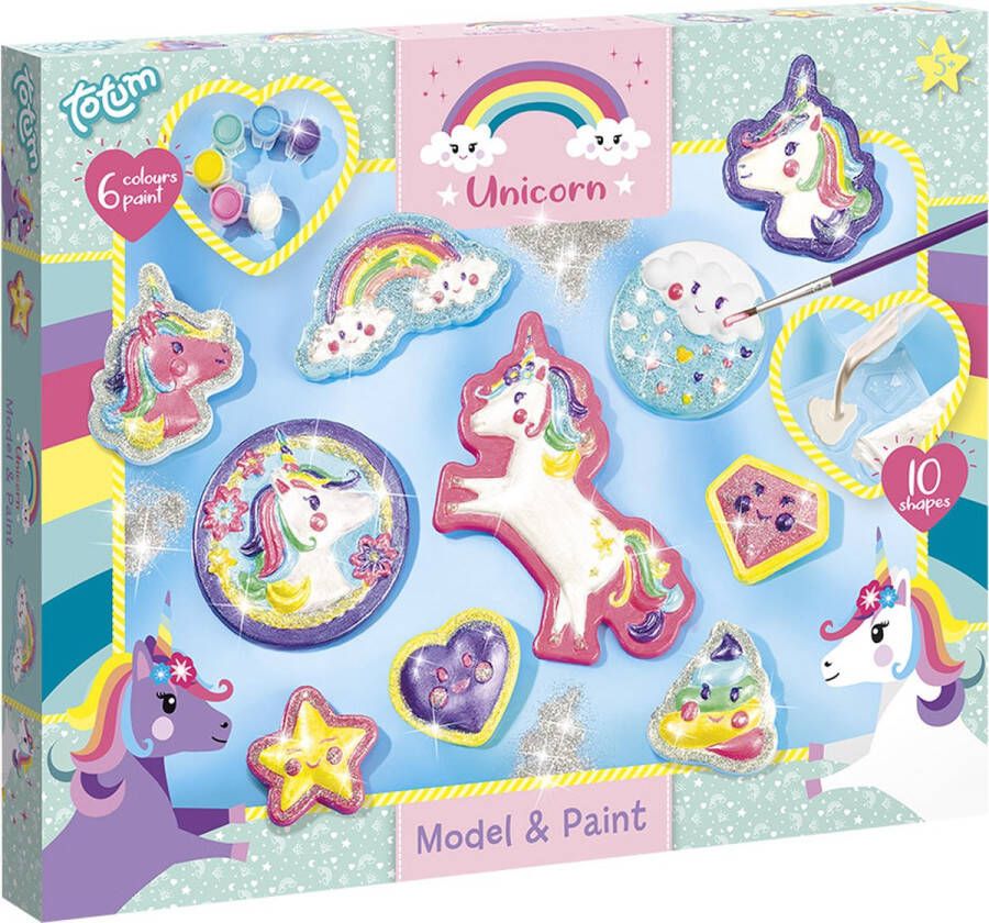Totum Unicorn gips gieten schilderen model & paint 10 glitterfiguren maken incl. 5 kleuren verf en penseel eenhoorn regenboog hartje diamant & poopsie