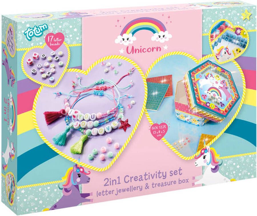 Totum Unicorn knutselen 2 in 1 set 3 letter armbandjes en diamond painting sieradendoosje met mozaïek stickers knutselpakket creatief cadeautip