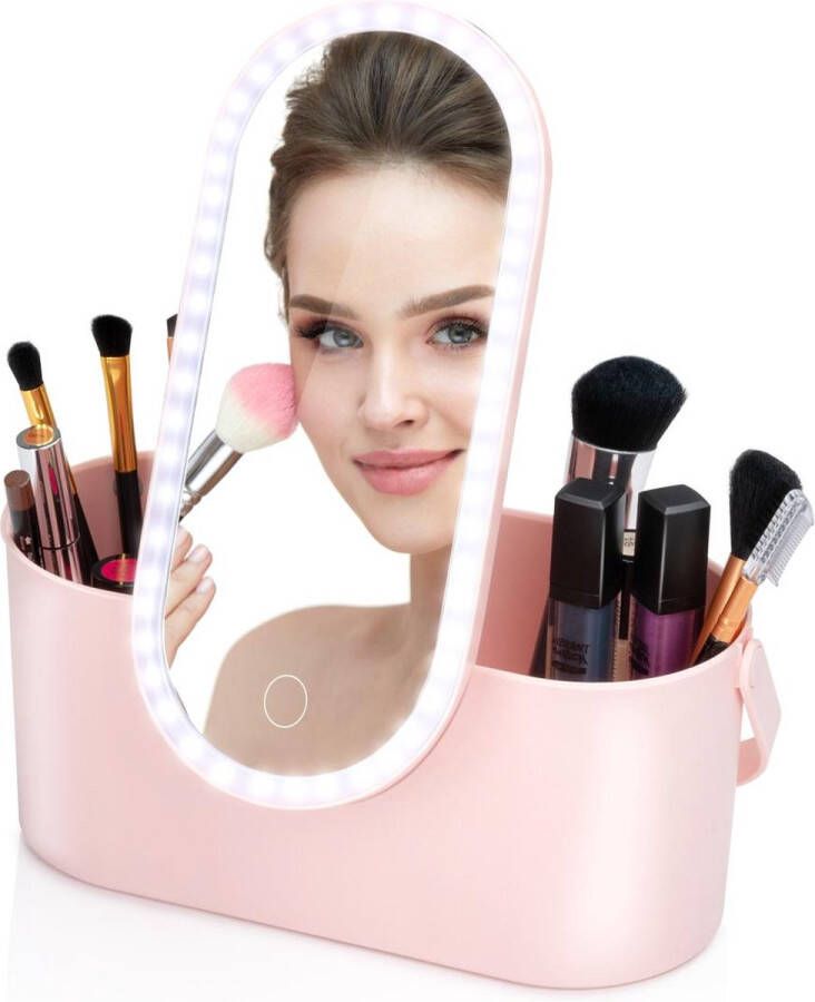 Touch Of Beauty Make Up Organizer met LED Spiegel Reis Beautycase 24 1 x 10 4 x 11 7CM Verstelbaar LED-Licht Incl. USB-Oplaadkabel Kunststof Roze
