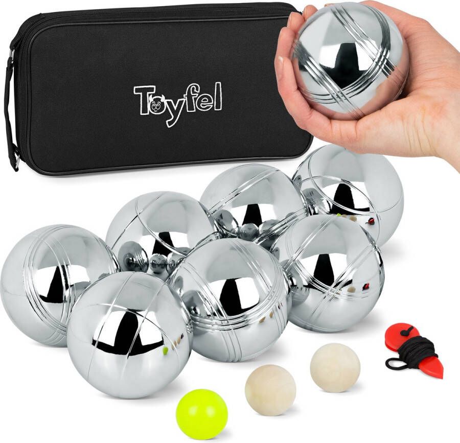 Toyfel Levy – Petanque Jeu de Boules Set met 8 Metalen Boccia Ballen 2 Houten Ballen Signaalbal Meetlint & Draagtas – Buitenspel voor Kinderen & Volwassenen