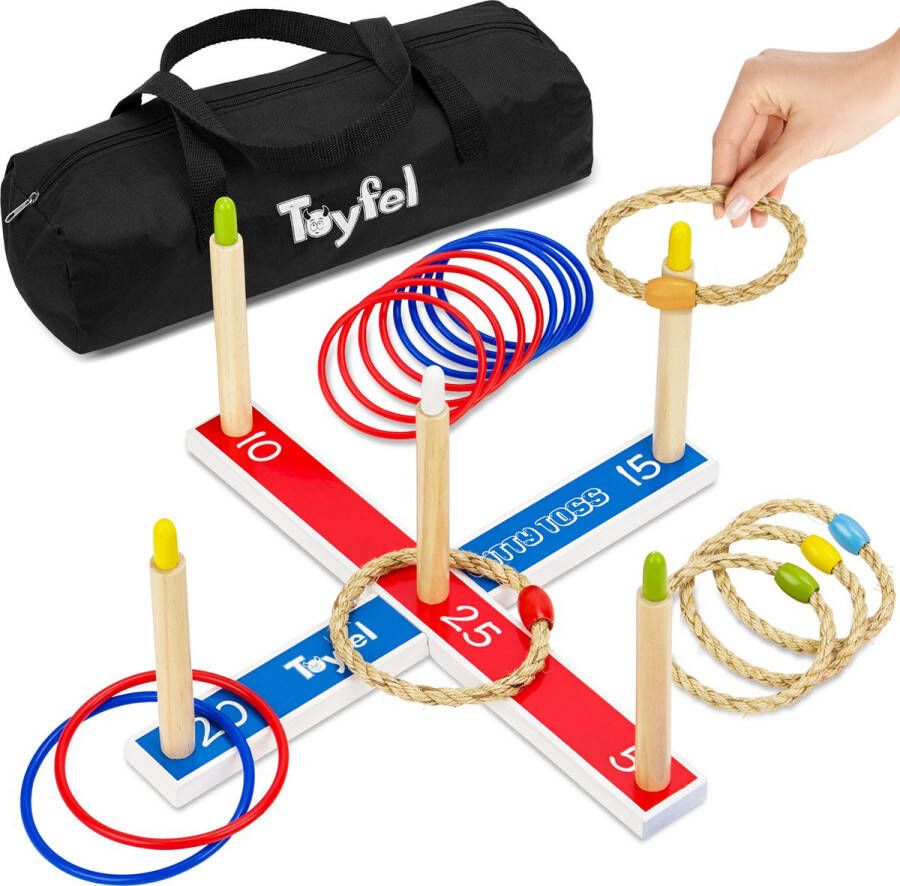 Toyfel Mitty Toss – Ring Werpspel Hout FSC met 15 Ringen (10x plastic & 5x touw hoepels) – Tuin Spel Buiten & Binnen voor Kinderen & Volwassenen