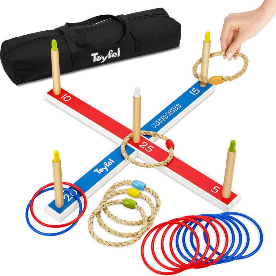 Toyfel Mitty Toss – Ring Werpspel Hout FSC met 15 Ringen (10x plastic & 5x touw hoepels) – Tuin Spel voor Kinderen & Volwassenen Buiten & Binnen