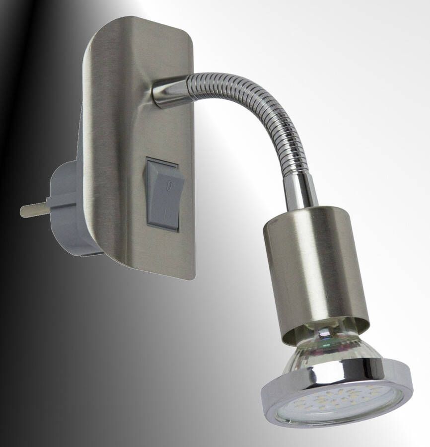 Trango Stekkerlamp in RVS look met chromen ring 11-052 *FLEXI* stekkerlampje nachtlampje incl. 1x GU10 3000K warm witte LED lamp & AAN UIT schakelaar leeslamp wandlamp keukenlamp