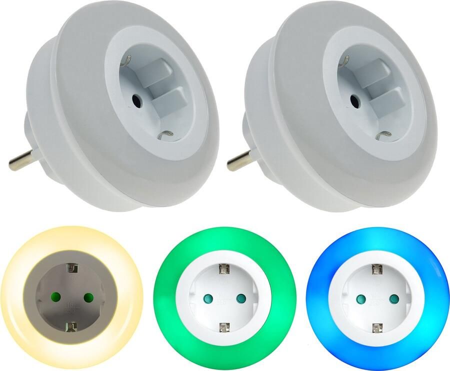 Trango Set van 2 LED-kindernachtlampjes met fitting 11-253 *ALEX* oriëntatielicht nachtlampje incl. lichtsterkte schemersensor & aanraakschakelaar voor drie LED-kleurinstellingen warm wit-blauw-groen veiligheidslicht