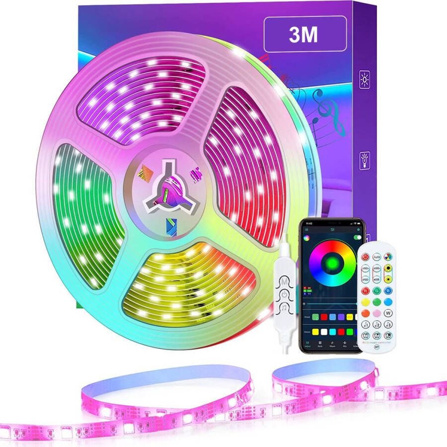 TRANSNECT – LED light strip 3 meter met Smart App en IR Afstandsbediening – 16 Miljoen Kleur lights– One Key Muziek Sync – Zelfklevend