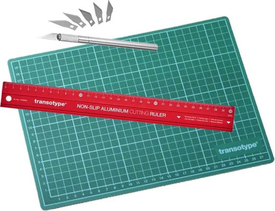 Transotype Snijset A4 snijmat 30cm liniaal Hobbymes met 5 vervangbare mesjes