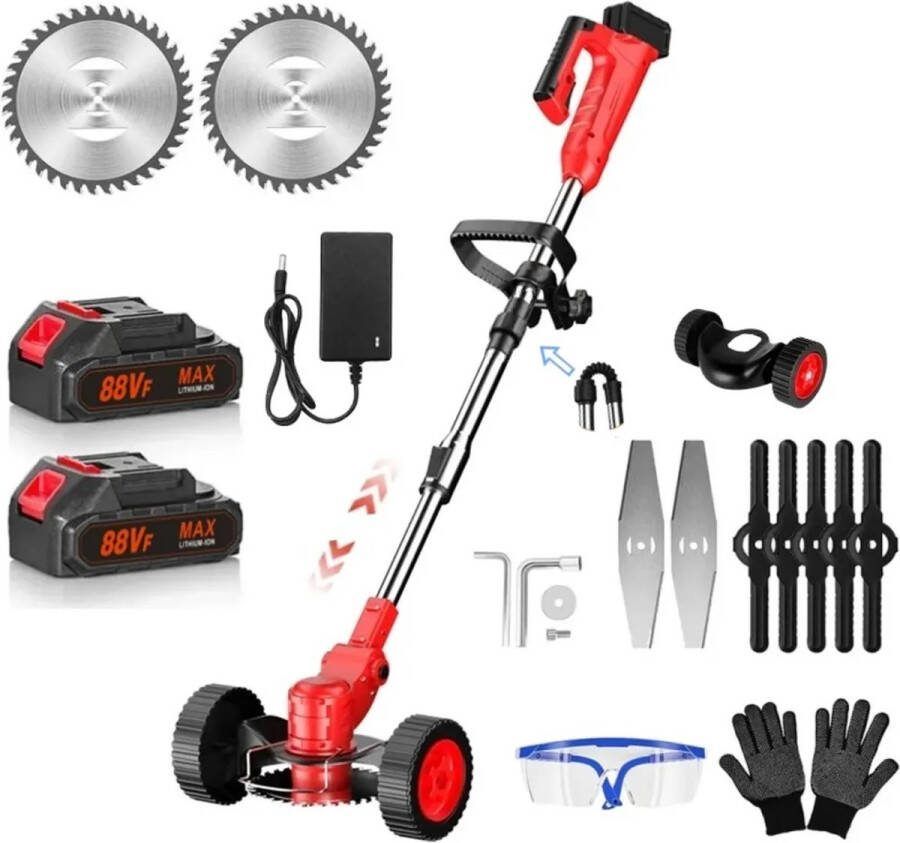 Traumheim Accugrastrimmer elektrische grasmaaier met 2 accu's en oplader 180° trimhoek telescoopsteel & extra handgreep inklapbaar met wielen rood