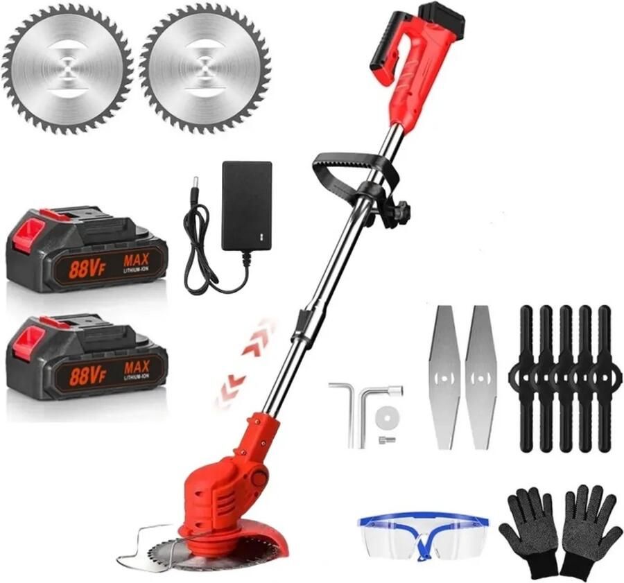 Traumheim Accugrastrimmer elektrische grasmaaier met 2 accu's en oplader 180° trimhoek telescoopsteel & extra handgreep rood