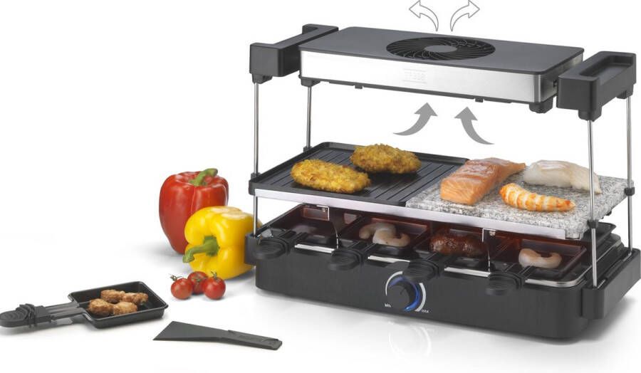 Trebs 15100 Gourmetstel 5-in-1 kookcombinatie Automatische afzuigkap verwijdert actief kookgeuren Steengrill Grill Teppanyaki Raclette en Gourmet Inclusief 8 pannen en spatels RVS-Zwart