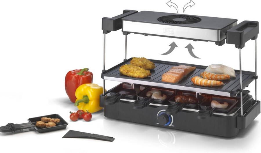 Trebs 15110 Gourmetstel 4-in-1 kookcombinatie Automatische afzuigkap verwijdert actief kookgeuren Grill Teppanyaki Raclette en Gourmet Inclusief 8 pannen en spatels Vaatwasserbestendig RVS-Zwart