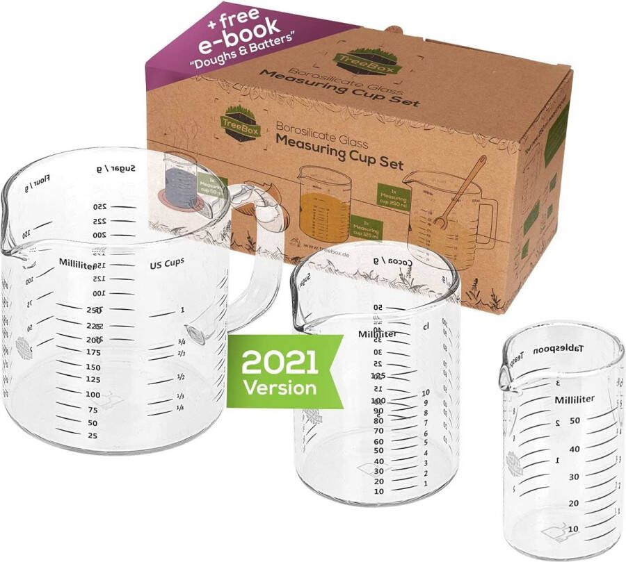 Treebox Maatbeker van Glas – 3-delige set Maatbekers – Hitte- en Magnetronbestendig – Maatbeker 250 ml 125 ml en 50 ml