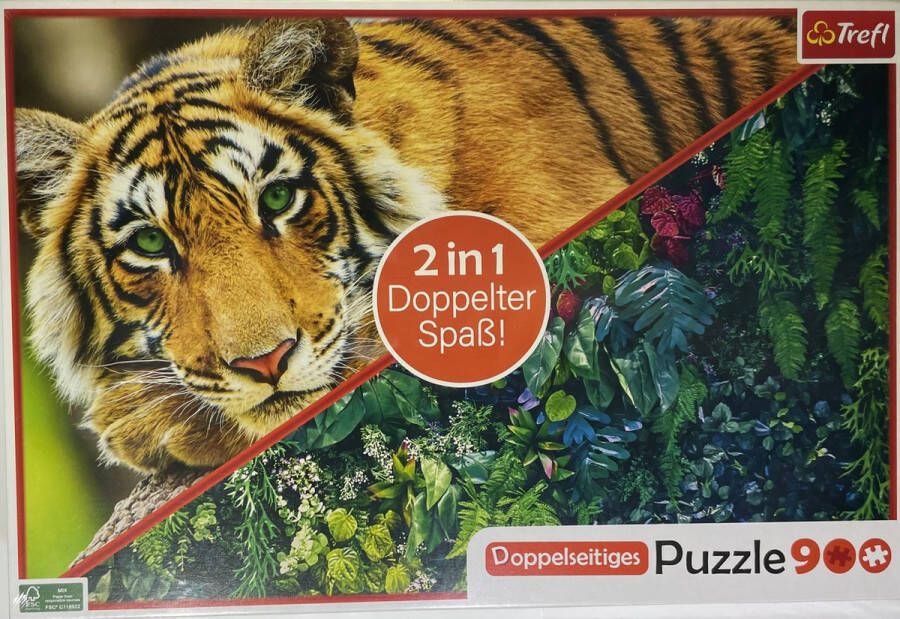 Trefl Puzzel Dubbelzeidig Tijger en Jungle 900 Stukjes 2 in 1 Moeilijke Puzzel 2 Puzzels Dubbel zoveel plezier! -68 x 48 Cadeautip!