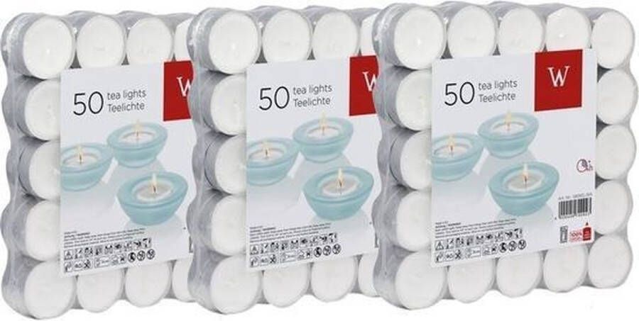 Trend Candles 150x Witte theelichtjes waxinelichtjes 4 branduren Geurloze kaarsen