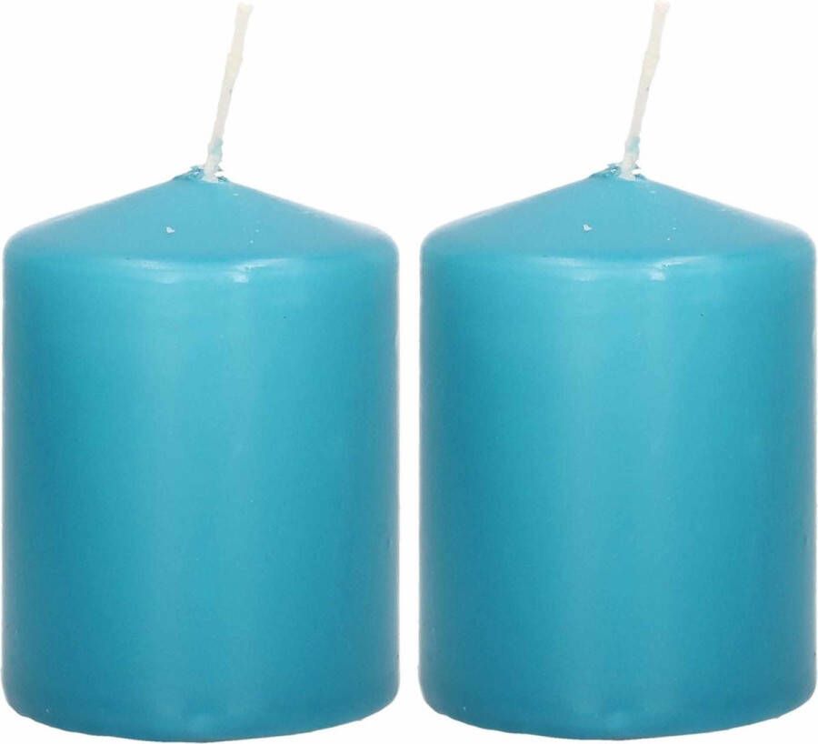Trend Candles 2x Turquoise blauwe cilinderkaarsen stompkaarsen 6 x 8 cm 21 branduren Geurloze kaarsen turkoois blauw Woondecoraties