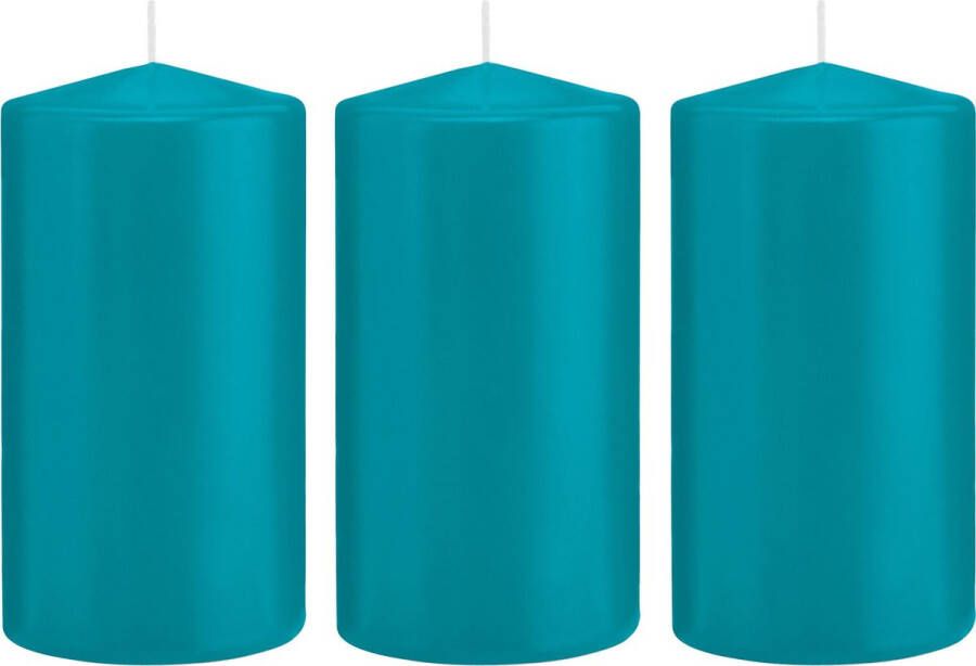Trend Candles 3x Turquoise blauwe cilinderkaarsen stompkaarsen 8 x 15 cm 69 branduren Geurloze kaarsen turkoois blauw Woondecoraties