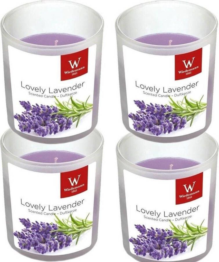 Trend Candles 4x Geurkaarsen lavendel in glazen houder 25 branduren Geurkaarsen lavendel geur Woondecoraties