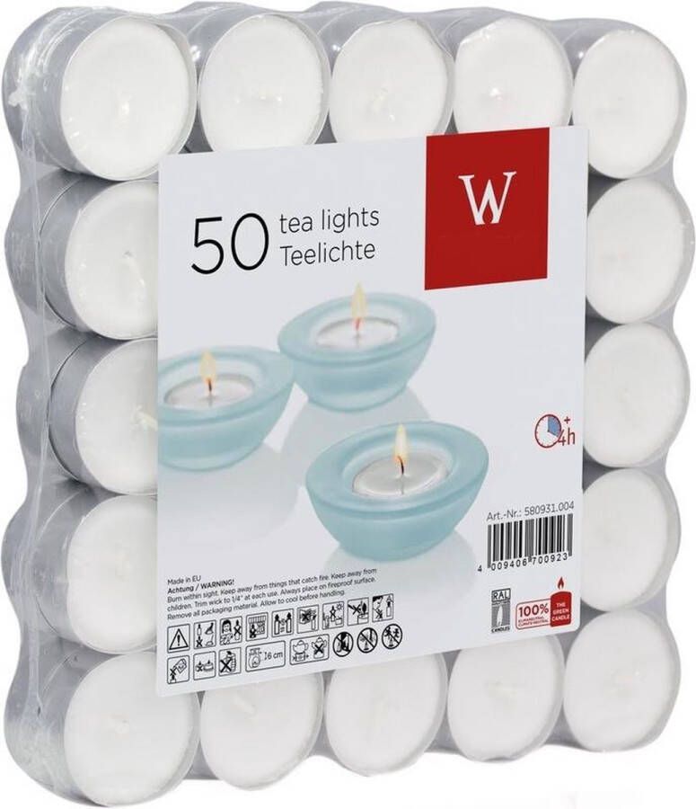 Trend Candles 50x Witte theelichtjes waxinelichtjes 4 branduren Geurloze kaarsen