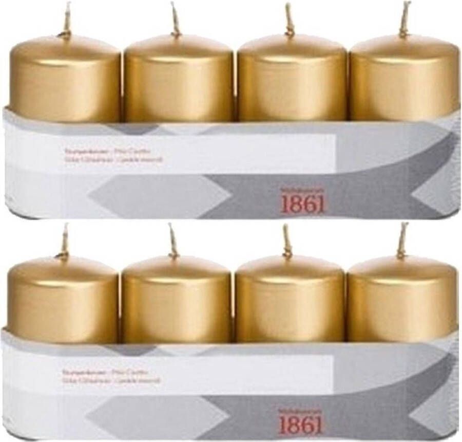Trend Candles 8x Gouden cilinderkaarsen stompkaarsen 5 x 8 cm 18 branduren Geurloze goudkleurige kaarsen Woondecoraties