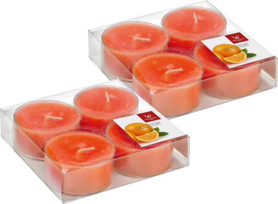 Trend Candles 8x Maxi geurtheelichtjes sinaasappel oranje 8 branduren Geurkaarsen sinaasappelgeur Grote waxinelichtjes