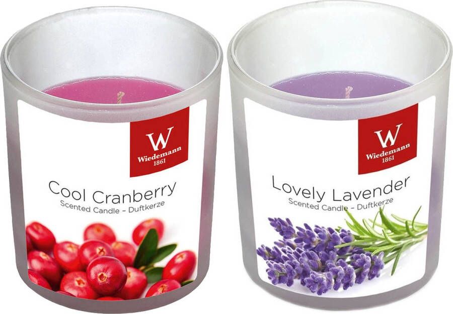 Trend Candles Geurkaarsen set van 4x stuks in houder cranberry en lavendel 25 branduren geurkaarsen