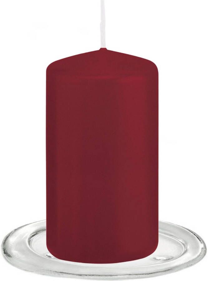 Trend Candles Stompkaarsen met glazen onderzetters set van 2x stuks bordeaux rood 6 x 12 cm Stompkaarsen